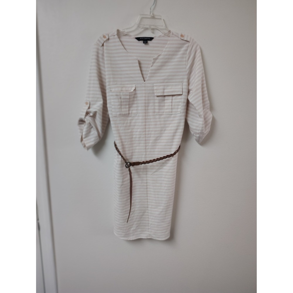Sharagano Tan White Striped Belted Sheath Dress Roll Tab Sleeve Womens Size 10